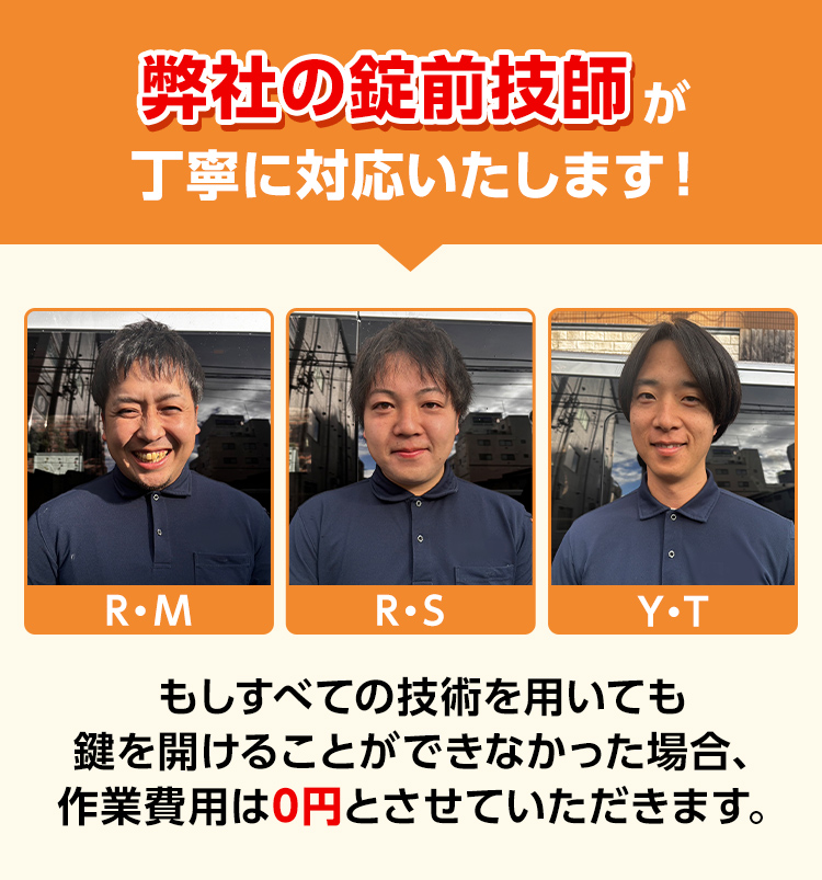 弊社の錠前技師が丁寧に対応いたします!もしすべての技術を用いても鍵を開けることができなかった場合、作業費用は0円とさせていただきます。